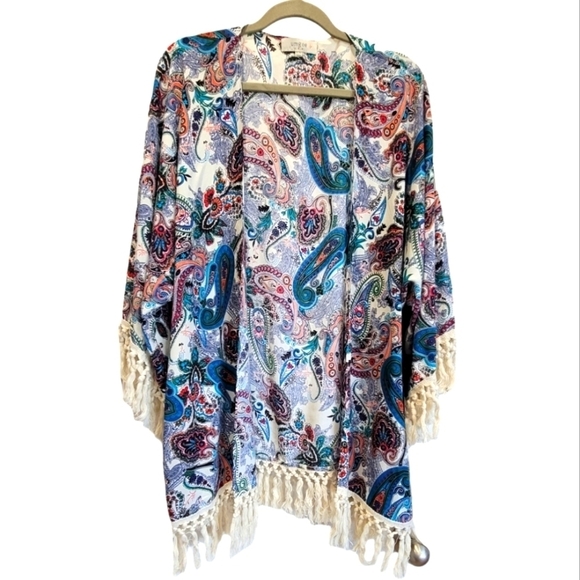 UMGEE 1X/2X Cotton Blend Colorful Paisley Fringed Kimono - Picture 1 of 6